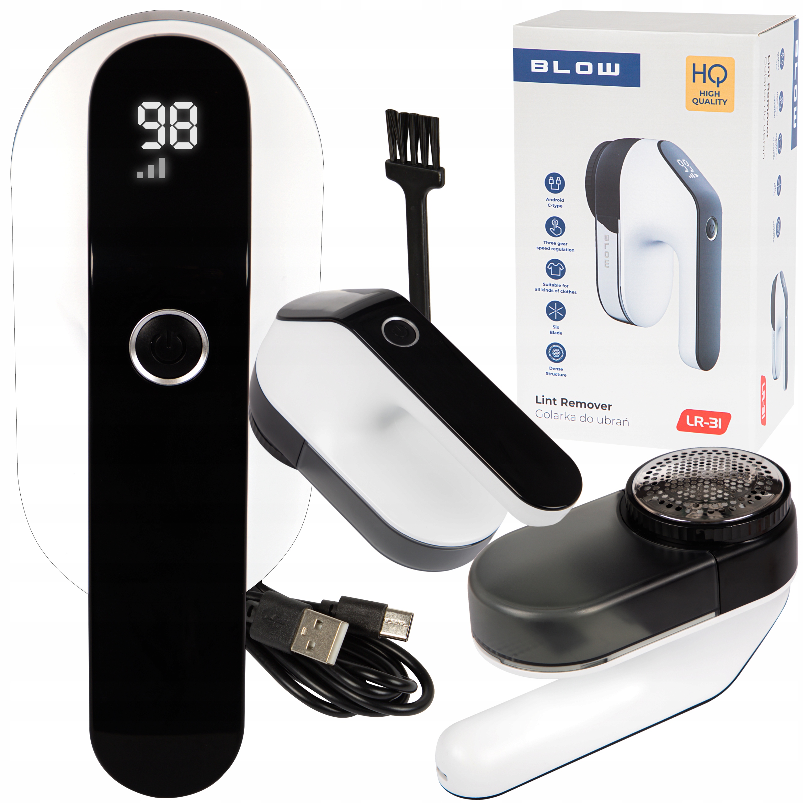Fúkací holiaci strojček na oblečenie VÝKONNÝ holiaci strojček na 3 VÝKONY NÁDOBA KEFE NA KÁBL USB-C